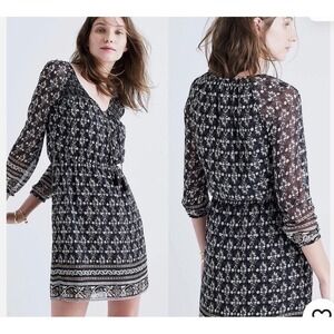 Madewell Black White Floral Silk Blend Smocked Tassel Mini Dress Womens 10